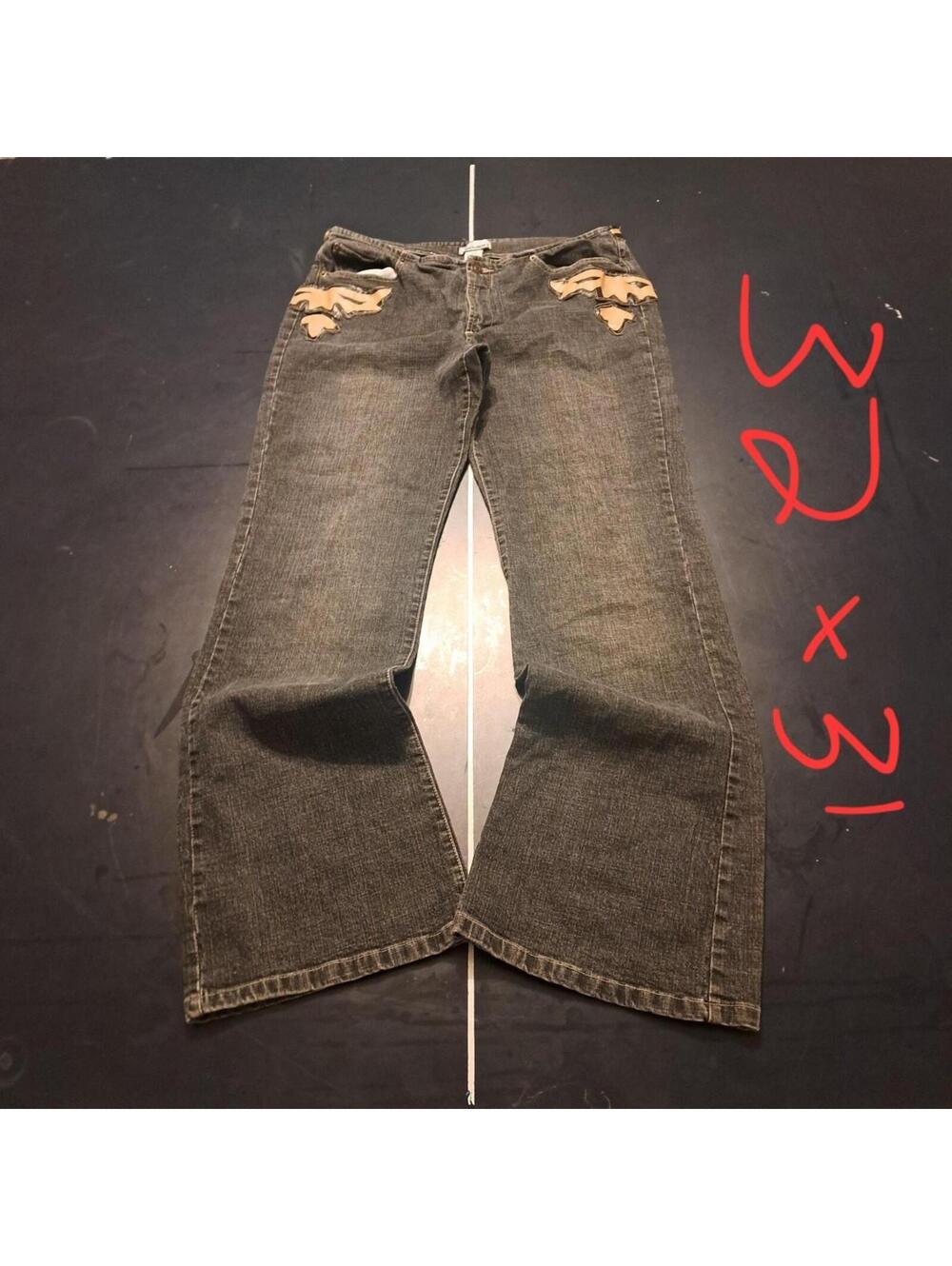Tuff ash black request customized flare jeans w some dope embroidery, size 32x31